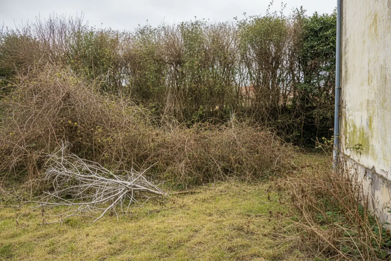 Terrain envahi avant débroussaillage à Dijon