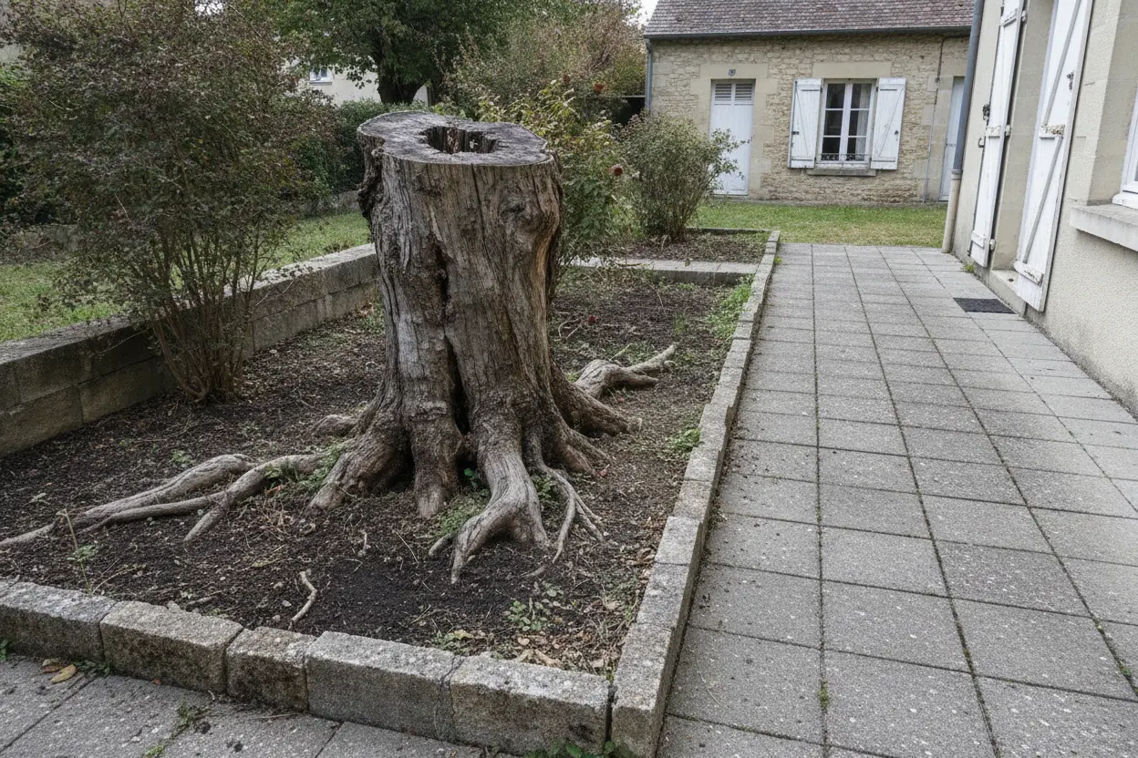 Souche gênante avant rognage dans un jardin à Dijon
