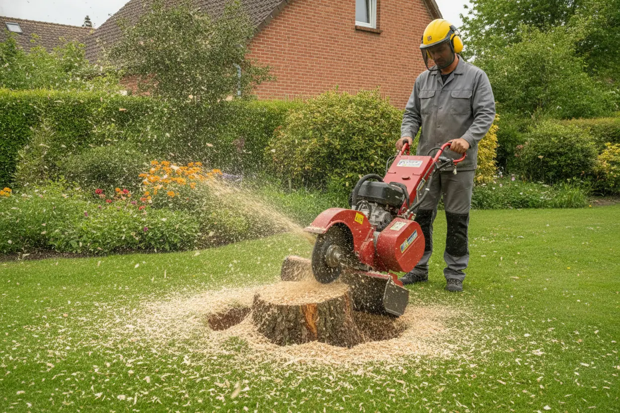 Rognage de souche dans un jardin chenôvais